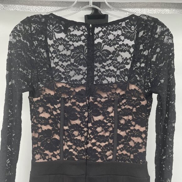 Express Jumpsuit Lace Top Square Neck Tapered Leg Black/Nude Size 2 Pockets - Picture 6 of 9